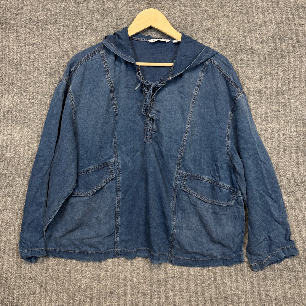 Peace Love World Sz Medium Lace Up Hoodie Blue Chambray Denim Long Sleeve Pocket